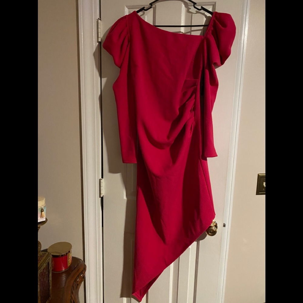Fushia Pink asymmetrical puff sleeve dress/ NY&Co